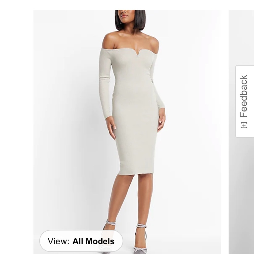Express - Metallic Ribbed Off The Shoulder Long Sleeve V-Wire Midi Sweater Dress